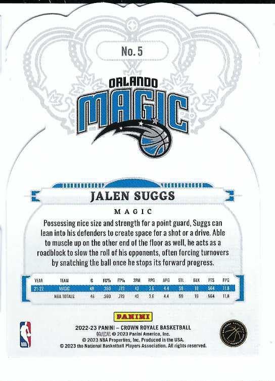 Miniatura 2 de JALEN SUGGS 2022-23 Panini Crown Royale #5 Card Orlando Magic Basketball