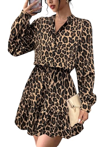 SweatyRocks Damen Kleider Elegant Leopard Muster Kleid Langarm Stehkragen Damenkleid Rüschensaum Herbstkleid Minikleid mit Knopf Leokleid Leoparden L
