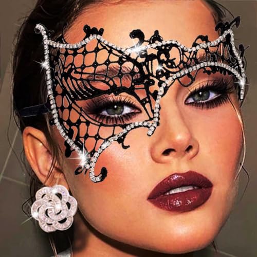 Yalice Rhinestone Masquerade Lace Masks for Women Lace Eye Mask Black Masquerade Sparkle Crystal Half Face Mask for Ball Party (Style-A)