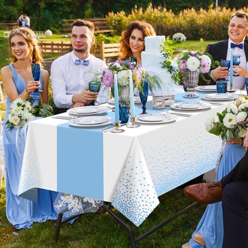 Image of MASHAN 6Pcs White and Light Blue Polka Dot Plastic Rectangular Tablecloths, 54x108 Inch, Spill Resistant, Perfect for Birthday, Wedding, Graduation Parties