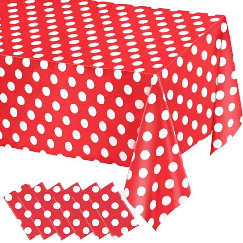 Image of WNINK 6 Pack Red and White Polka Dot Tablecloths - Disposable Plastic Waterproof Table Cover, 54 inch x 108 inch, for Birthday, Wedding, Bridal Shower, Bachelor Party, and Picnic