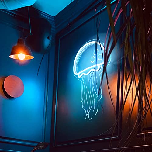 Image of welltodo Jellyfish Neon Signs,Cool Ice Blue Neon Sign for Wall Decor, LED Neon Light Sign for Girls Bedroom Ocean Display Room,Kids Birthday Gift, Wedding Party, Holiday Decoration Powered by USB