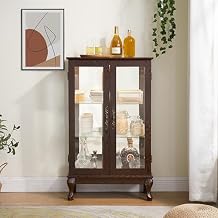 Retro Curio Cabinet with Tempered Glass Doors & Lighted Display | Mirrored Back Panel, Adjustable Shelves | Wooden Floor Storage Organizer for Living Room Cherry