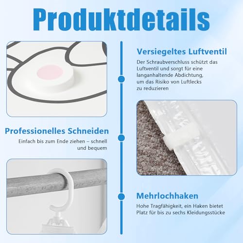 Holtrae 6 Stück Hängend Vakuumbeutel für Kleidung 110x70cm mit Handpumpe Kleidung Wiederverwendbar Haken Platzsparend Staubschutz für Anzüge Mäntel Jackenvor Feuchtigkeit Staub Motten Tierhaaren