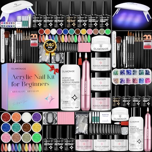 Glamonade Acrylic Nail Kit for Beginners: Professional Nail Set with Drill Acrylic Powder Gel Polish Nail Stamp for Home Starter Practice & DIY Manicure