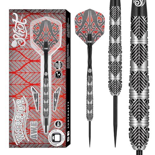 Shot! Darts Warrior Awe 90% Tungsten Steel tip Barrels, Balanced for Maximum Aerodynamics Handcrafted Professional Dart Set and Flights Made in New Zealand, Metal Tip Bar Darts