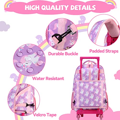VASCHY Rolling Backpack Kids, 17in Water Resistant Large Schoolbag Carry-on Travel Trip Bag with Wheels for Girls Unicorn3