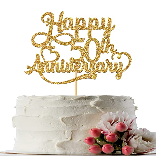 INNORU Gold Glitter Happy 50th Anniversary Cake Topper - Happy 50th Birthday - 50th Wedding Anniverdary Party Decorations