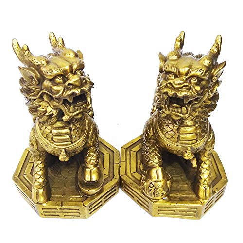 Amtooch Feng Shui Kylin Brass Statue A Pair Wealth Qilin Sculpture Living Room Office Home Decoration Figurine,Good Luck Chi Lin Golden Crafts Ornaments Gift(4" L X 3.6" W X 5.2" H) #TOP1