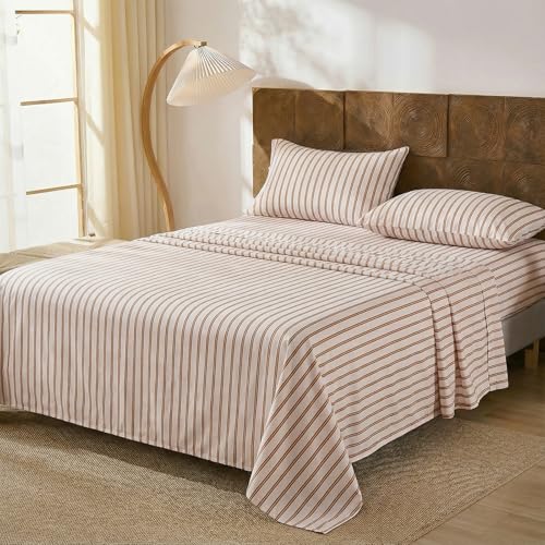 Image of Merryword 100% Cotton Sheet Set Full Size - Beige and Terracotta Striped Bedding, Soft Breathable Percale Weave, Deep Pocket Fitted Sheet 17.5 inch, Luxury & Silky Soft Sheet Set for All Seasons
