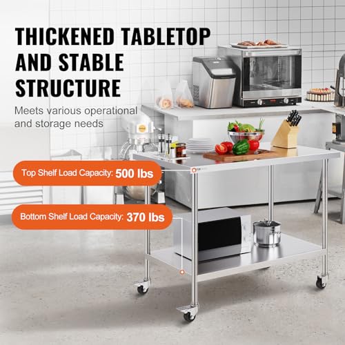Image of VEVOR Stainless Steel Work Table 30 x 48 x 38 Inch, with 4 Wheels, 3 Adjustable Height Levels, Heavy Duty Food Prep Worktable for Commercial Kitchen Restaurant, Silver