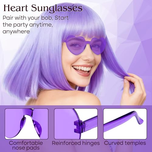 Image of PLULON Light Purple Bob Wig with Bangs, Short Straight Bob Wig with Heart Sunglasses 12 Inch Shoulder Length Heat Resistant Synthetic Hair Cap for Women Natural Look Daily Use Cosplay Costume Party