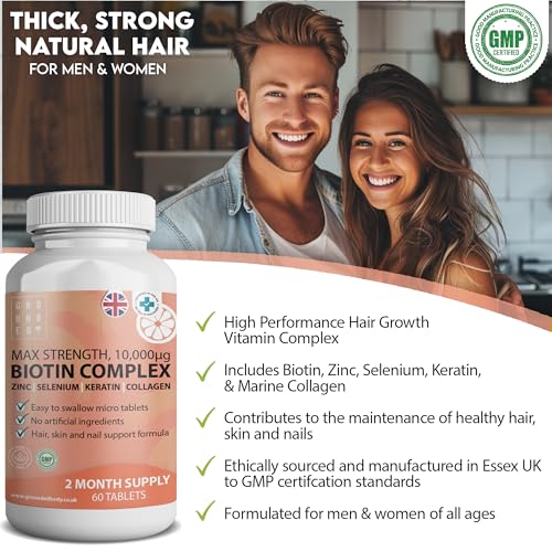 Hair Growth Biotin Complex 10,000mcg with Marine Collagen, Selenium, Keratin & Zinc | x60 Tablets | Hair Growth, Thickness, Strength & Volume | Men & Women Hair Support Supplement - Image 3
