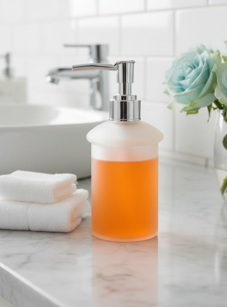 Image of Frosted Glass Liquid Soap Dispenser with Rust-Proof Chrome Pump | Luxury Hand Wash Dispenser Bottle for Bathroom Countertop, Kitchen Sink & Washbasin | Elegant Matt Finish, Round