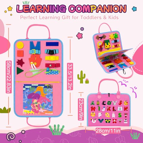 Image of Montessori Busy Board for Toddlers 1-3, 4 Pages 15+ Activities Sensory Toy, ABC Numbers Colors Learning, Toddler Quiet Book Travel Toy, Preschool Educational Gift for Boys Girls, Pink Mermaid
