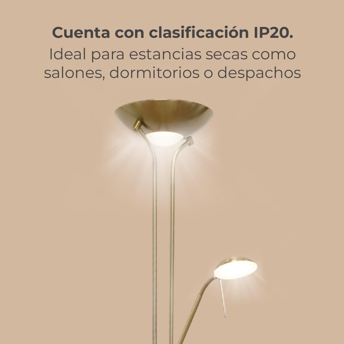Els Banys Lámpara pie salón LED SMD metal oro viejo. pantalla superior 17W-3000k-1600 lumens. Lector articulado 5W, 3000K, 450lumens. H180cm Ancho 50cm. Luz regulable. IP20 uso interior
