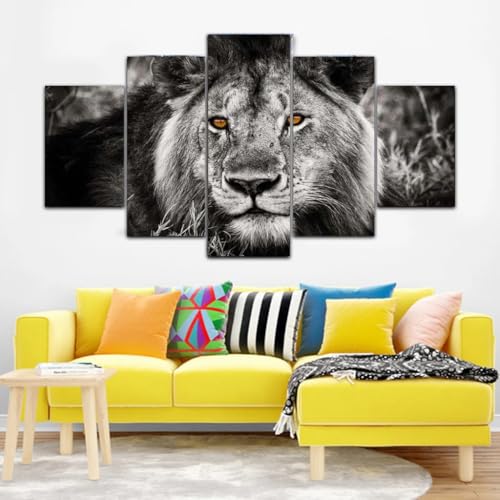 Tableau décoration murale salon lion sauvage en 5 parties