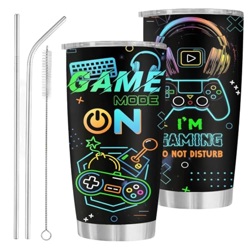 Gaming-Geschenk Edelstahlbecher Trinkgläser 20 Oz Spiel Thema Thermobecher,Kaffeebecher mit Stroh,Strohbürste &Schiebedeckel, Tragbarer Reisebecher für Milch,Tee,Bier, Geschenk für Spieleliebhaber