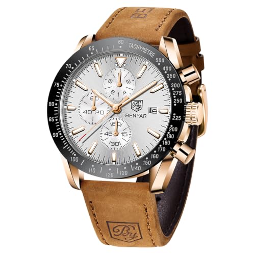 Image of BENYAR Men's Watches Chronograph Watch for Men Multifunction Black Waterproof Sport Fashion Quartz Wristwatches Calendar with Stainless Steel Strap