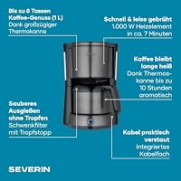 Severin Kaffeemaschine, Kaffeeautomat mit Thermokanne, Durchbrühdeckel und Tropfstopp, Schwenkfilter, Abschaltautomatik, integriertes Kabelfach, 1 L Füllmenge, 1000 Watt, dark inox, KA 9343 – Ansicht 2