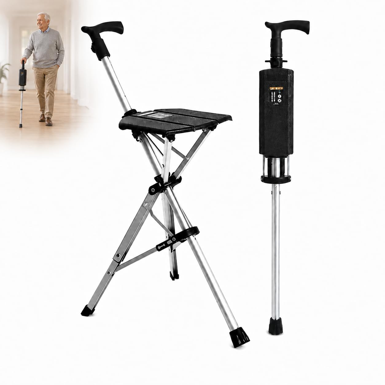 Gehstock mit Sitz, Leichter Aluminiumrahmen (bis 120 kg), 3 Füße | leichter Aluminiumrahmen & robuster Klapphocker, ideal für Wanderungen und Outdoor-Aktivitäten, Schwarz