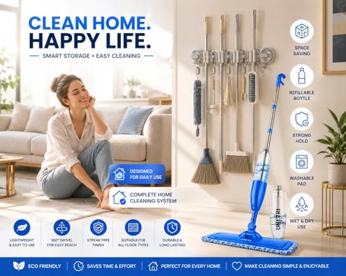 Image of Spray Mop for Floor Cleaning with 360 Degree Rotating Head, One Cleaning Broom Brush | Wet & Dry Mop for Home, Kitchen, Wooden & Marble Floors (Combo (Mop+ Broom Holder)