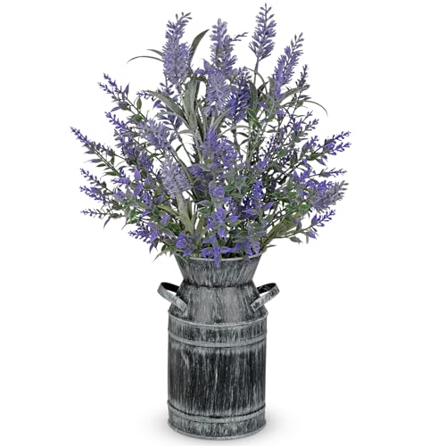 Artificial Lavender Flowers with Rustic Metal Vase 17 Inch Faux Lavender Plant Arrangement in...