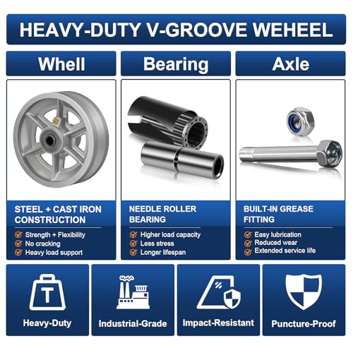 Image of 6 Inch V-Groove Steel Wheel, 7 /8 inch Wide 90 Groove, Fits 1 inch Angle Iron Track, Heavy Duty Industrial Track Wheel with Relief Groove, High Load Capacity(4 Pack)