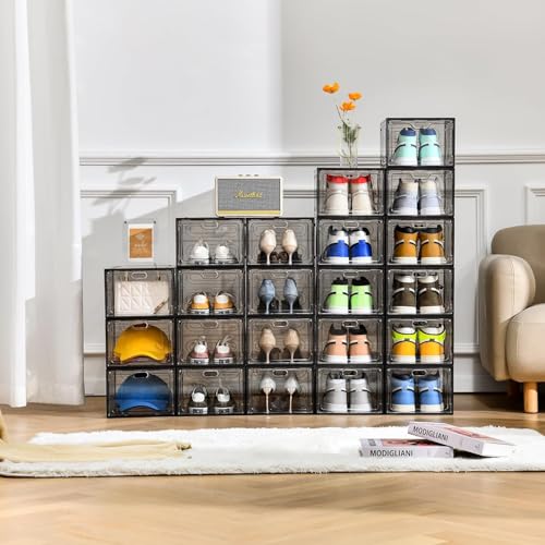Image of INSTY 12 Pack Gray Transparent Shoe Storage Organizer, Stackable Shoe Boxes for Closet, Drop Front Plastic Shoe Box with Grey Door, Easy to Assemble, Fit up US Size 12(13.4 inchx 9.8 inchx 7.1 inch)