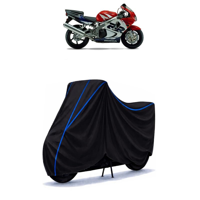 Image of CBR 700 Bike Cover Water Resistant Universal Motorcycle Rain | Heavy Duty UV Protection, Dust, Scratch Indoor Outdoor All Weather with Black Blue Piping Elastic