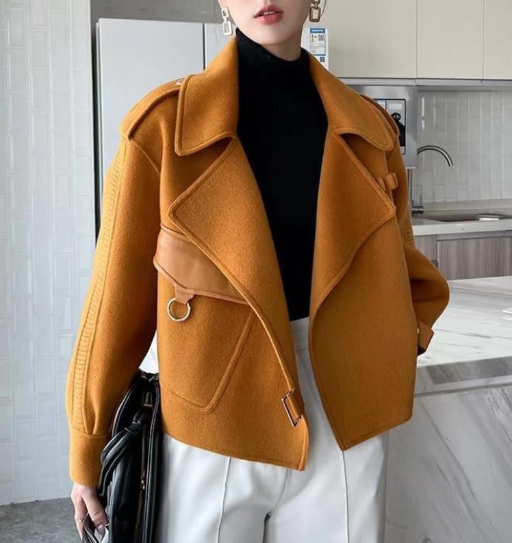 utcoco Women Cropped Wool Coats Warm Pea Coat Notched Lapel Open Front Trench Overcoat Jackets with Pockets - Image 4