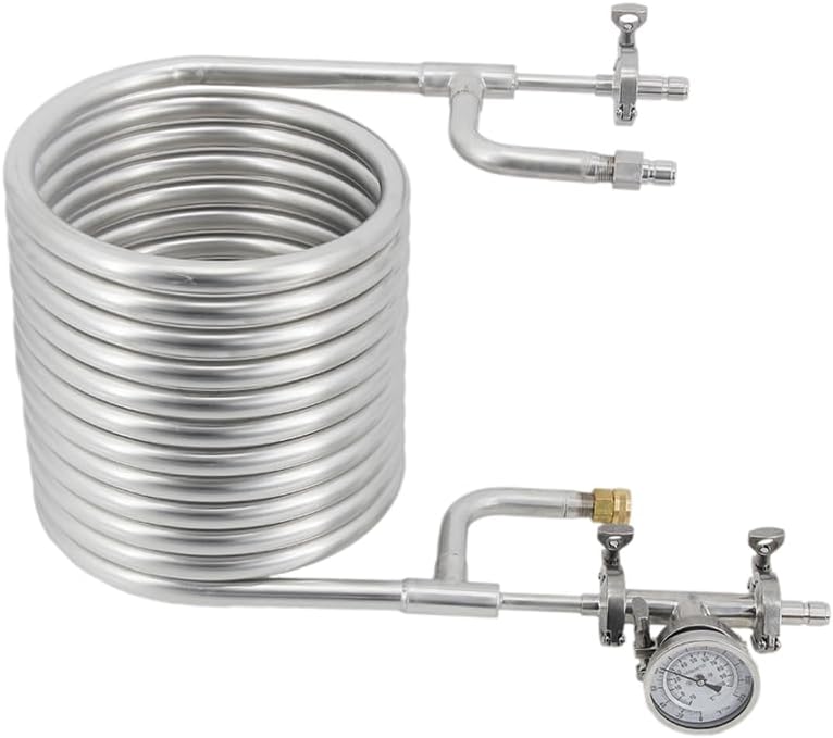304 Stainless Steel Convoluted Counterflow Wort Chiller with Inline Thermometer & Male Quick Disconnects, Homebrew Beer Cooling System