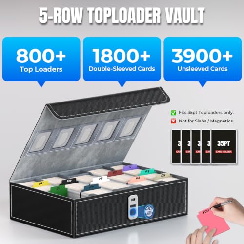 Trading Card Storage Box with Fingerprint Lock | 3900+ 5-Row Deck Box for MTG Commander, Portable Vault Case with Front Display for TCG, PTCG, Yugioh & Sports Cards, Fits 35PT Toploaders (Blk/Grey) — view 4