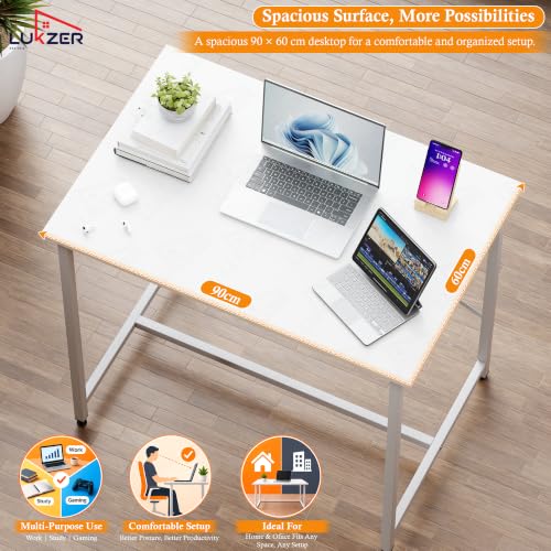 Image of Lukzer X-Support Study Table for Home & Office (MST-008-White & White) Metal & Engineered Wood Laptop & Computer Workstation Desk for Students & WFH, DIY Spacious Tabletop (90x60x75cm)