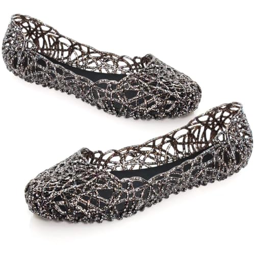 Image of Stunner Women Beach Jelly Shoes Slip On Crystal Summer Hollow Ballet Flats | Summer Cool PVC Breathable Outdoor Indoor Dressy Flat Sandals for Holiday Shopping Spa Swimming Pool
