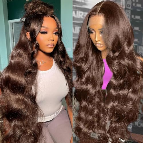 Image of JTMMP Chocolate Brown 13x6 Lace Front Wigs Human Hair 200% Density Body Wave Lace Front Wigs Human Hair 26 Inch HD Transparent Brazilian Virgin Frontal Wigs Human Hair Pre Plucked