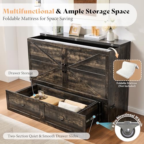 Image of AMERLIFE Queen Murphy Bed Cabinet with Charging Station and Storage, Farmhouse Foldable Platform Bed for Guest Room, Office, Small Spaces, Black Oak
