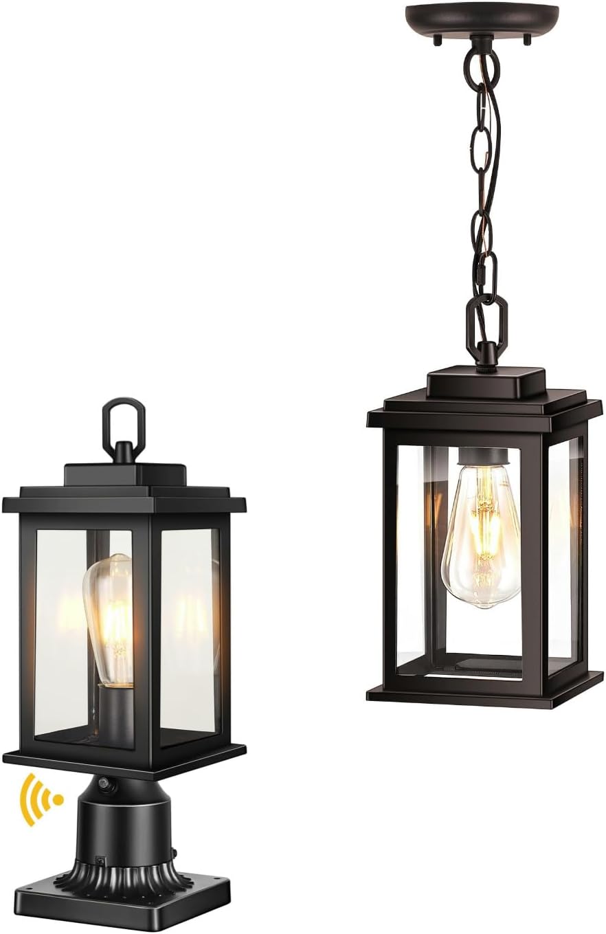 VIANIS Outdoor Pendant Lights, Hanging Porch Light, Bronze Outdoor Hanging Lights with Tempered Glass, Outdoor Post Lights, Black Post Lights Outdoor Dusk to Dawn, Pole Lights Outdoor