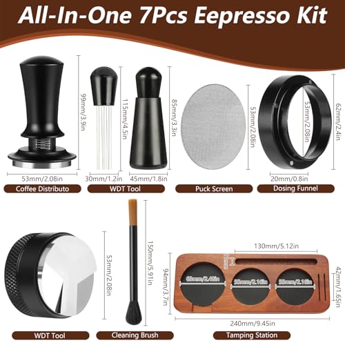 Image of 7 PCS Espresso Accessories,Espresso Tamper Tools,WDT Tool Espresso Machine Accessories Kit,Coffee Tamper with Wood Espresso Tamping Station,Distributor,Stirrer,Dosing Funnel,Brush,Puck Screen (54mm)