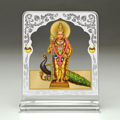 Image of Eknoor 24ct Gold Plated Murugan Ji Acrylic Crown Dashboard Frame | 24ct gold-plated Kartikeya Ji foil on arch crown acrylic frame with peacock and silver engraving