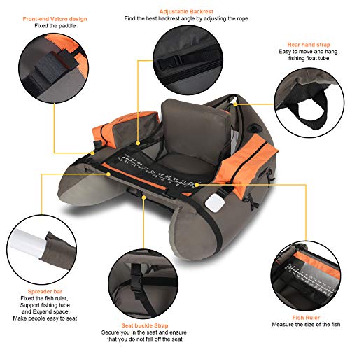 LAZZO Inflatable Fishing Float Tube with Hand Air Pump, Flotation Boat with Orange Storage Pockets, Inflatable Seat and backrest, Fish Ruler, Adjustable Straps, Bearing 286lbs, Gray