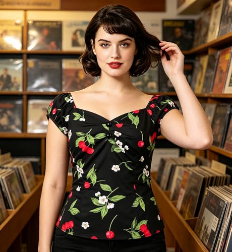 Image of YARN & INK Women's Rockabilly Tops 1950s Pinup Shirt Casual Off Shoulder Vintage Blouse