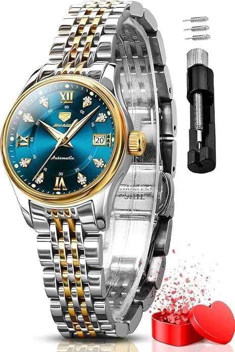 OLEVS Relojes automáticos para mujer, de lujo, de acero inoxidable dorado y plateado, relojes de pulsera delgados mecánicos, volante mecánico, fase