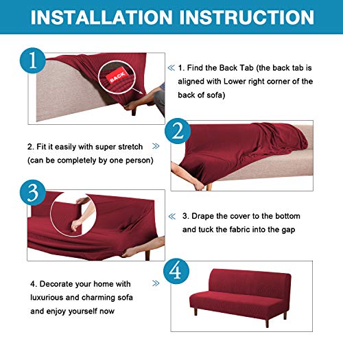 Flamingo P Stretch Armless Futon Covers Full Queen Futon Couch Covers Slipcover Futon Sofa Cover Futon Bed Cover Furniture Protector Covers with Elastic Bottom, Soft Thick Jacquard Washable, Burgundy - Thumbnail 6