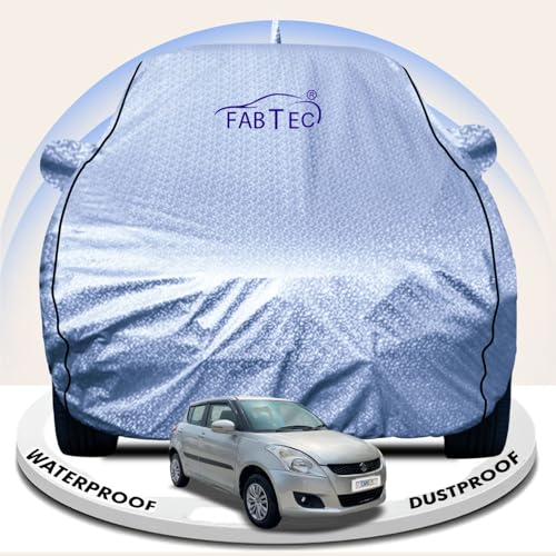 Image of FABTEC Metallic Silver Waterproof Car Body Cover for Maruti Dzire (2012-2016) Sun, UV and Dust Protection with Mirror and Antenna Pocket (Reflective Silver with Black Piping)