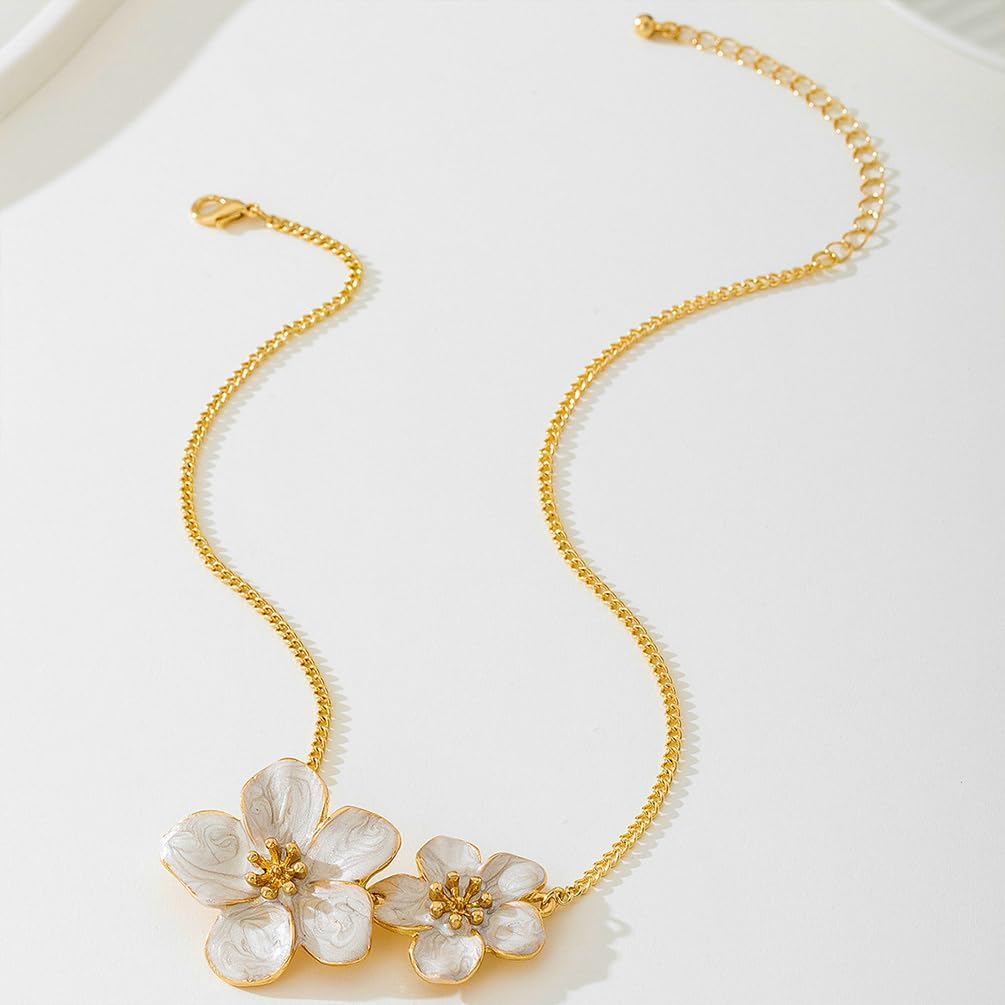 Statement White Enamel Flower Pendant Neckalces for Women Trendy, Dainty Red Green Metal Floral Flowers Necklace Gold Chain Cute Jewelry Gift Accessories - Image 7