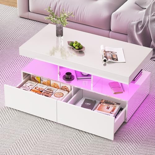 LIVLUX Table Basse Moderne 104x53x46 cm, Table Basse Blanc laqué avec LED, dotée d'un Espace de Rangement Ouvert et 2 tiroirs, idéale pour Le Salon, Le Bureau, la...