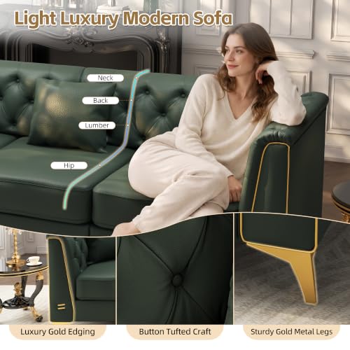 Image of KEIKI 62 inch Faux Leather Chesterfield Sofa with Handmade Button Tufted, Green | Luxury Modern 2-Seater Couch with Metal Trim Armrests & High Resilience Cushion & 2 Pillow, Easy Assembly, for Living Room