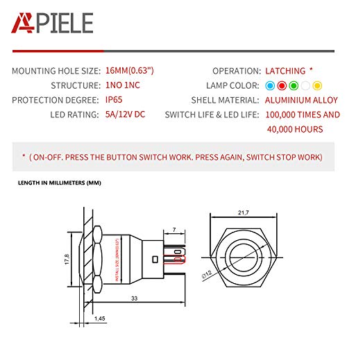 Image of APIELE 16mm Latching Push Button Switch 12V DC On Off Black Shell with LED Angel Eye Head for 0.63 inch Mounting Hole with Wire Socket Plug Self-Locking (Red /Black Shell)