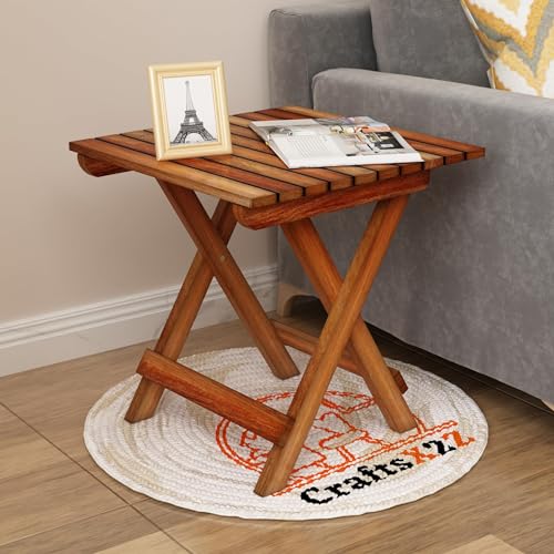 Image of Wooden Folding Adjustable Brown End Table /Coffee Table /Lamp Stand /Plant Table (Square, 15 INCH)
